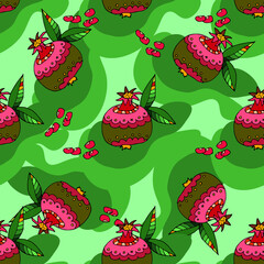 Seamless vector fruit pattern with stylized pomegranate with leaves and seeds on a green background. Printing for printing on fabric and other products