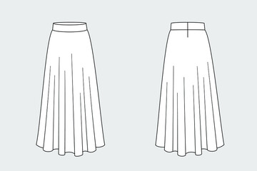 Female long pleated skirt vector template isolated on a grey background. Front and back view. Outline fashion technical sketch of clothes model.