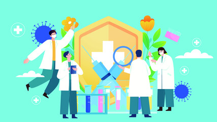 Vector illustration of multiple doctors studying vaccine reagent health