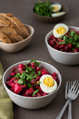 Russian salad vinaigrette in plates with boiled egg and black bread, salad of boiled potatoes and carrots, beetroot and pickled vegetables, cucumber and cabbage and canned green peas