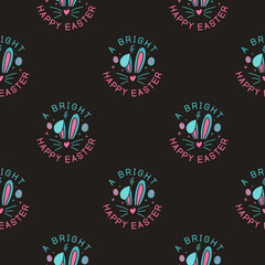 Happy Easter pattern colorful design with rabbit ears and quotes. Seamless Easter wallpaper. Stock vector holiday calligraphy background