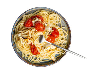  Fetapasta on gray plate isolated on white. Oven baked feta pasta made of cherry tomatoes, feta cheese, garlic and herbs.Trending viral recipe. Top view.