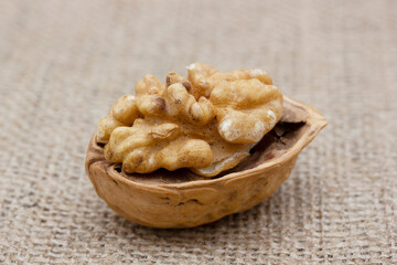 Fresh walnuts on burlap. Healthy food.