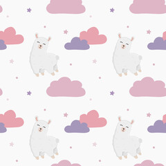 Seamless childish pattern with cute llama (alpaca), clouds, stars. Baby texture for fabric, wrapping, textile, wallpaper, clothing. Vector illustration