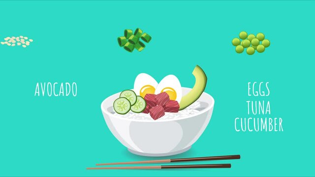 Hawaiian Poke Bowl with tuna and vegetables. Description of ingredients, video menu design. Animation of ingredients are poured into bowl