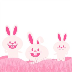 Cute Easter Bunnies Illustration, Cute Easter Bunnies Vector, Illustration of Happy Easter Bunnies with Pink Grass, Pink Shade Happy Easter Bunnies Vector, New Happy Easter Design, Cute Easter Bunnies