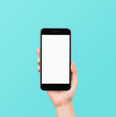 Hand holding smartphone mockup of blank screen, isolated on blue background. Take your screen to put on advertising.