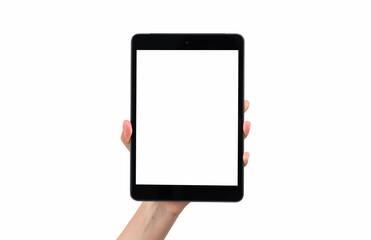 Hand holding digital tablet mockup of blank screen, isolated on white background. Take your screen to put on advertising.