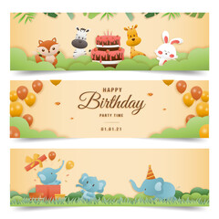 Obraz na płótnie Canvas Invitation birthday greeting card with a cute animal. jungle animals celebrate children's birthday and template invitation papercraft style vector illustration.