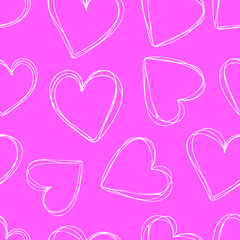 one-line white hearts on barbie pink background seamless pattern. Valentine`s day graphics for postcards, ads, wrapping paper