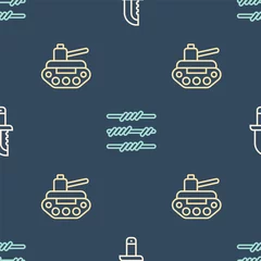 Keuken foto achterwand Militair patroon Set line Militair mes, tank en prikkeldraad op naadloos patroon. Vector