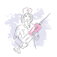 A female doctor is holding a huge syringe with a vaccine in her hands. Hand drawing illustration isolated on white.