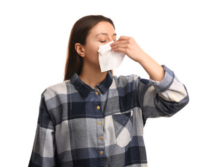 Young woman with tissue suffering from runny nose on white background