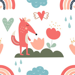 Boho seamless pattern. Cute little fox, rainbow and flowers. Vector kids illustration for nursery design. Foxes pattern for baby clothes, wrapping paper.