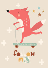 Nursery poster. Boho nursery poster cute fox rides a scooter. Lettering Follow me. Kids vector illustration for nursery wall art.