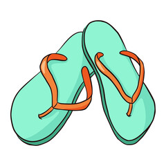 Line drawing blue and orange flat style flip flops icon. Hand drawn flip flops colourful isolated vector illustration 