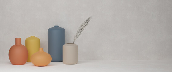 3D rendering, Home decor colourful ceramics vases and pot in white background with copy space