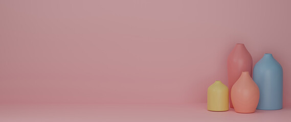 3D rendering, Home decor colourful ceramics vases and pot in pink background with copy space
