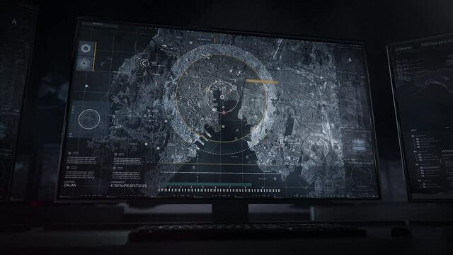 Present-Day Tracking System On A Technological Computer Software. Itemized Layout With Precise Coordinates And Data From Satellite. Zooming, Scanning And Target Pursuit In Dalian. Drone detecting