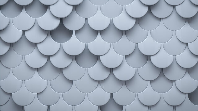 Futuristic, Light 3D background, with a Fish Scale block structure. Wall texture with a 3D tile pattern. 3D Render