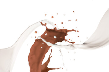 Splashes of chocolate milk and ordinary one mixing together on white background