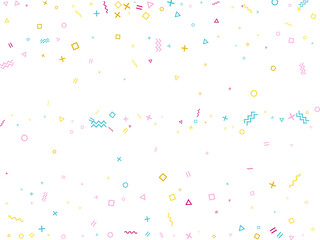 Memphis style geometric confetti background with triangle, circle, square, zigzag and wavy line