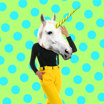 Modern art collage. Woman with unicorn's head on color background