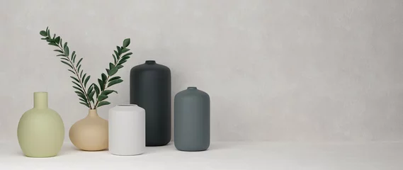 Fotobehang 3D rendering, Home decor ceramics vases and pot in grey background with copy space © bongkarn
