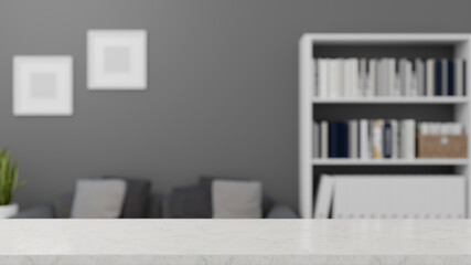 3D rendering, close up marble counter in modern living room with copy space