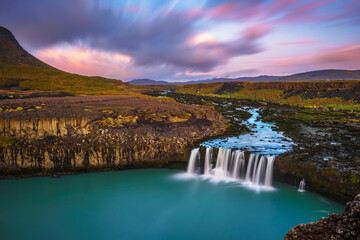 Thjofafoss waterfall in Iceland at colorful sunset