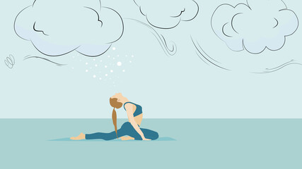 Ballerina yoga posture in a digital illustration of sport woman on a blue isolated and conceptual background with her thoughts in nature connection. Mindfulness Yoga Posture Concept 2021.