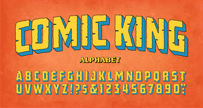 Comic King; a classic adventure comics logo style of font. This alphabet conjures up the vibe of vintage comic book titles from the mid 20th century.