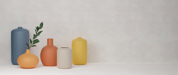 3D rendering, Colorful home decorated ceramics vases and pot on white background with copy space