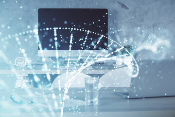 Double exposure of dna drawing and office interior background. Concept of science.