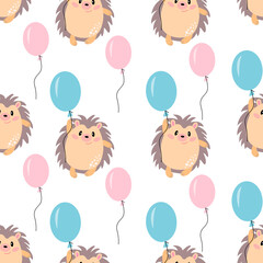 Seamless pattern with a cute cheerful hedgehog with blue and pink ballons, in vector graphics, on a white background. For covers, wrapping paper, childrens clothing, t-shirts © Irina