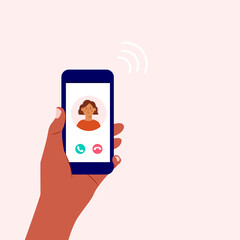 Black skin hand holding mobile phone with call screen with woman. Accept or decline phone call concept. Holding smartphone on hand. Vector illustration in cartoon flat style.