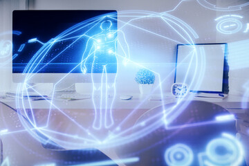 Double exposure of education theme drawing and office interior background. Concept of science.