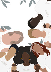 people from different ethnic groups hold hands, in clothes with the inscription vaccine. let's stop the pandemic together. poster with space for your text or logo. vector flat illustration
