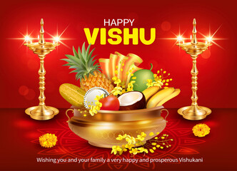 Greeting card with golden diyas and traditional vessel uruli with fruits and konna flowers (cassia fistula) for South Indian New Year festival Vishu (Vishukani). Vector illustration.