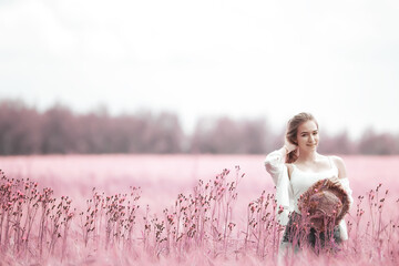 pink field girl freedom, nature springtime summer nature portrait
