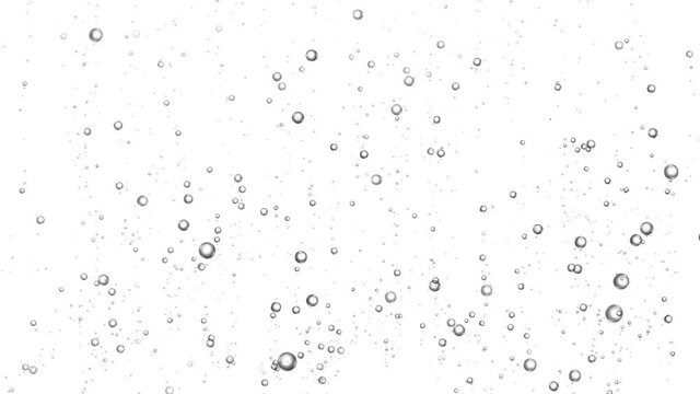 Air underwater bubbles floating and rising under transparent water isolated on white background.