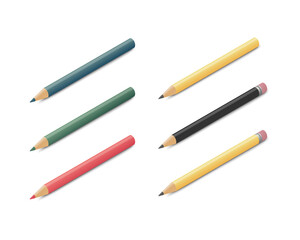 Colored drawing pencil set. Isometric vector illustration. Isolated on white background.