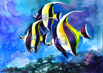 Illustration of cute exotic aquarium black and yellow fish in the ocean. Watercolour. Print. Postcard. Calendar. Banner. Book.