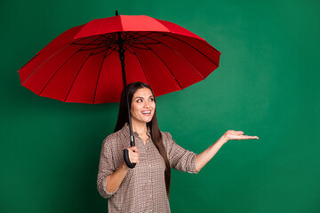 Photo of pretty lady hold parasol look empty space palm catch drops wear plaid shirt isolated green color background © deagreez