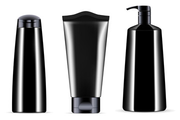 Black cosmetic bottle mockup. Cosmetic product packaging, pump tube, shampoo bottle, luxury men cosmetics. Shaving cream container blank. Liquid soap dispenser. Realistic vector collection