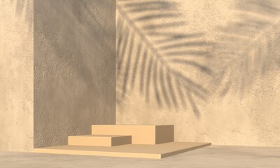 Premium podium, pedestal, stand on pastel beige background. Meditation relaxation, spa therapy and health. Tropical palm leaves shadows on rough wall. Sunny hot summer day. 3d render illustration