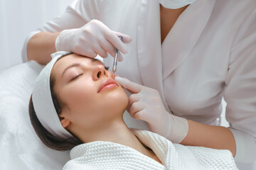 Lip augmentation and correction procedure in a cosmetology salon. The specialist makes an injection in the patient lips.
