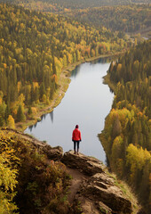 Viewpoint on Usva River in Ural Mountains. Woman Standing on the Rock and Looking at the Usva River, Perm Region, Russia.