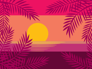 Tropical background, palm trees and sea at sunset, flat design, vector illustration.