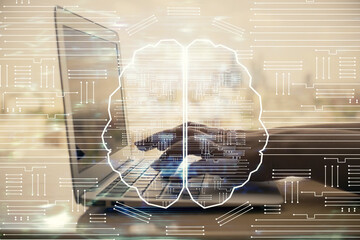Multi exposure of woman hands working on computer and brain hologram drawing. Ai concept.
